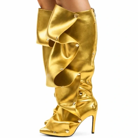 Liliana Metallic Gold Ruffle Knee-High Heeled Boots - Picture 1 of 3